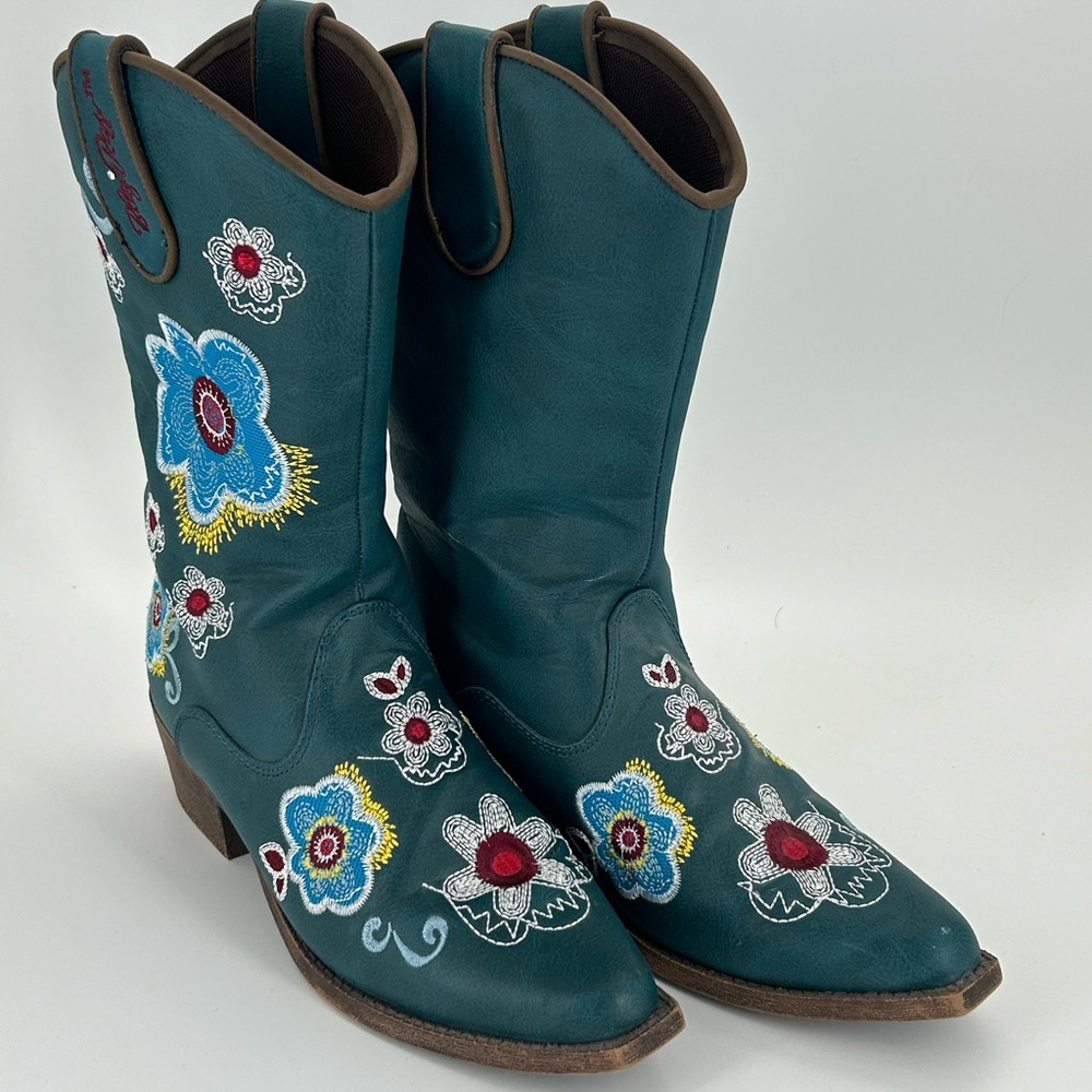 Blazin Roxx Youth Teal Floral‎ Embroidered Western Cowgirl Boots Size 4